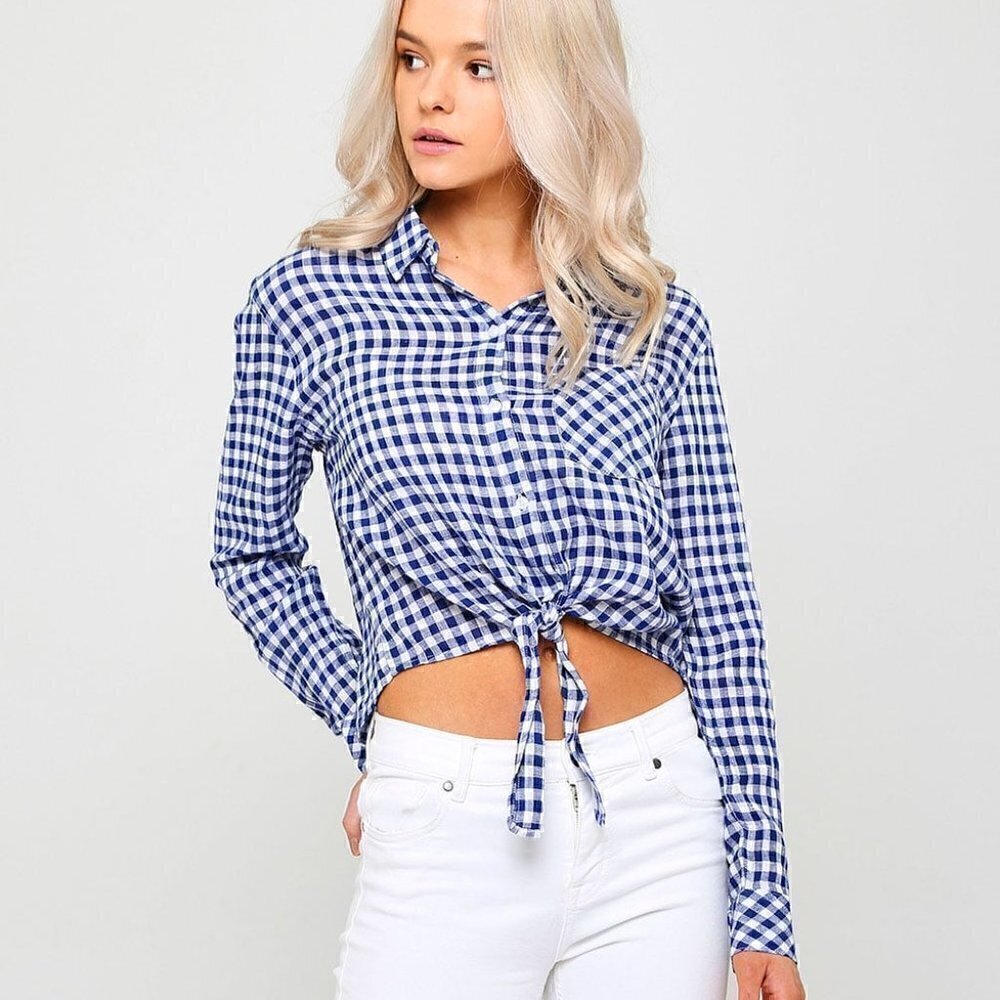 RAILS Blue Green Gingham Plaid Crop Knot Front Top